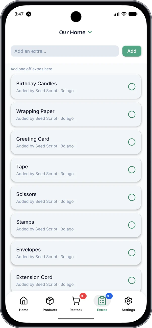The Extras screen, a one-off shopping list shared with the household.