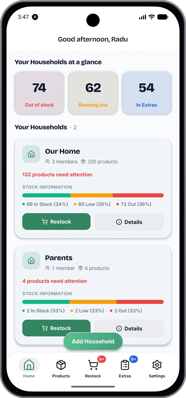 The Home screen: every household at a glance, with out-of-stock, running-low and Extras counts.